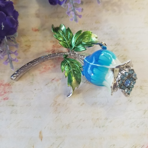 Extravagant VTG Blue Rose Brooch - Picture 6 of 8